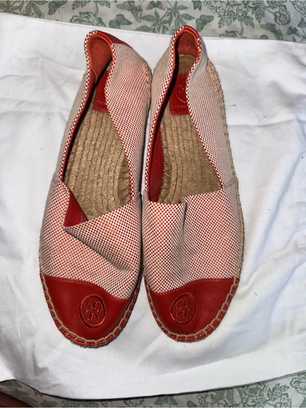 Tory Burch Red and Cream Canvas Espadrille Flats
